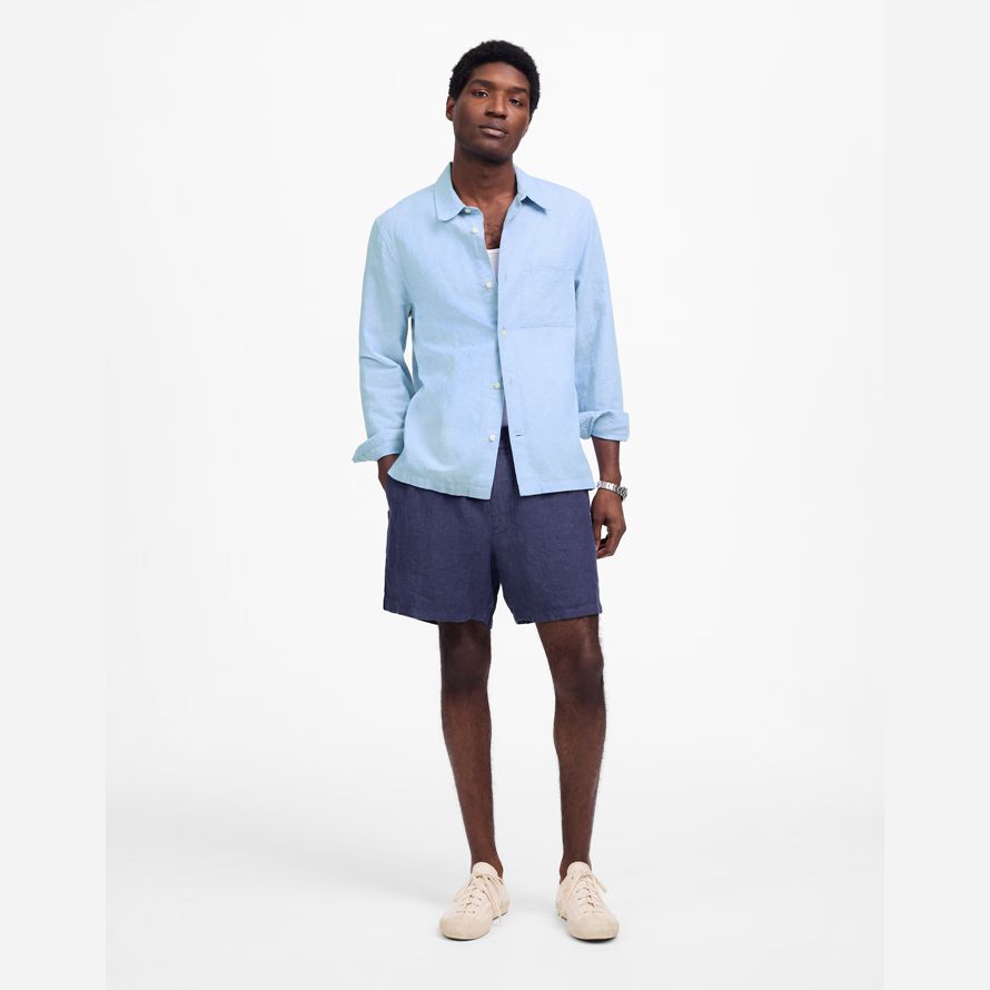 blau madewell button-up baumwoll-leinen-mischung herren t-shirts
