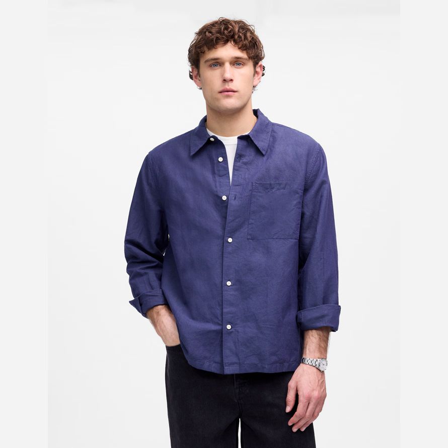 dark indigo madewell button-up baumwoll-leinen-mischung herren t-shirts