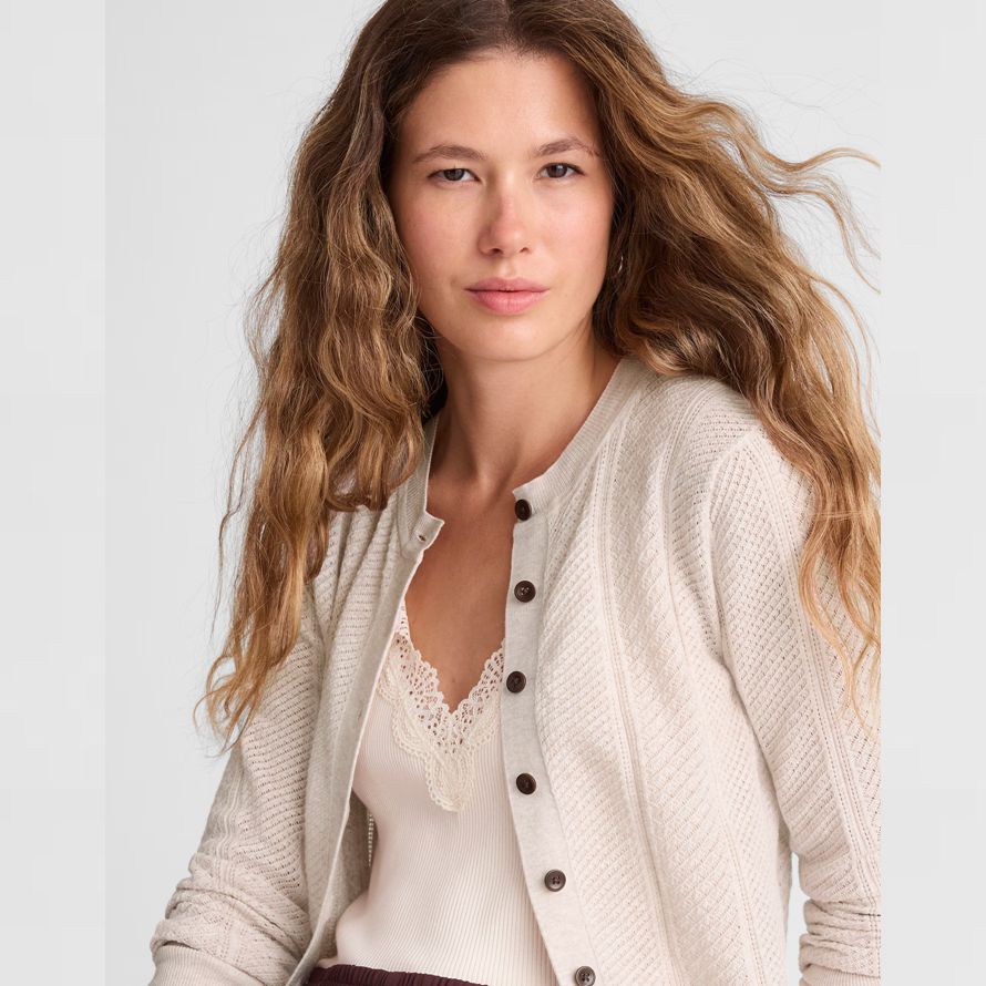beige madewell die signatur pointelle knit womens cardigan