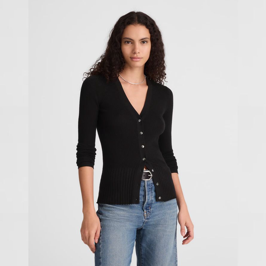 damen madewell deep v-neck merino-silk blend cardigan schwarz