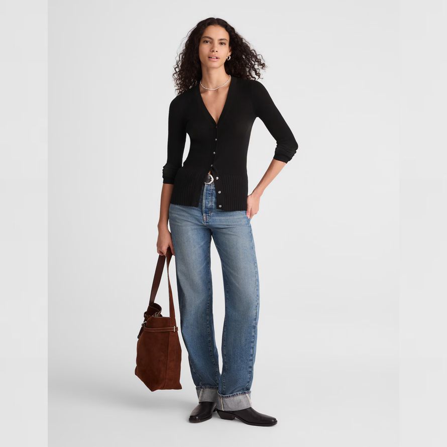 damen madewell deep v-neck merino-silk blend cardigan schwarz