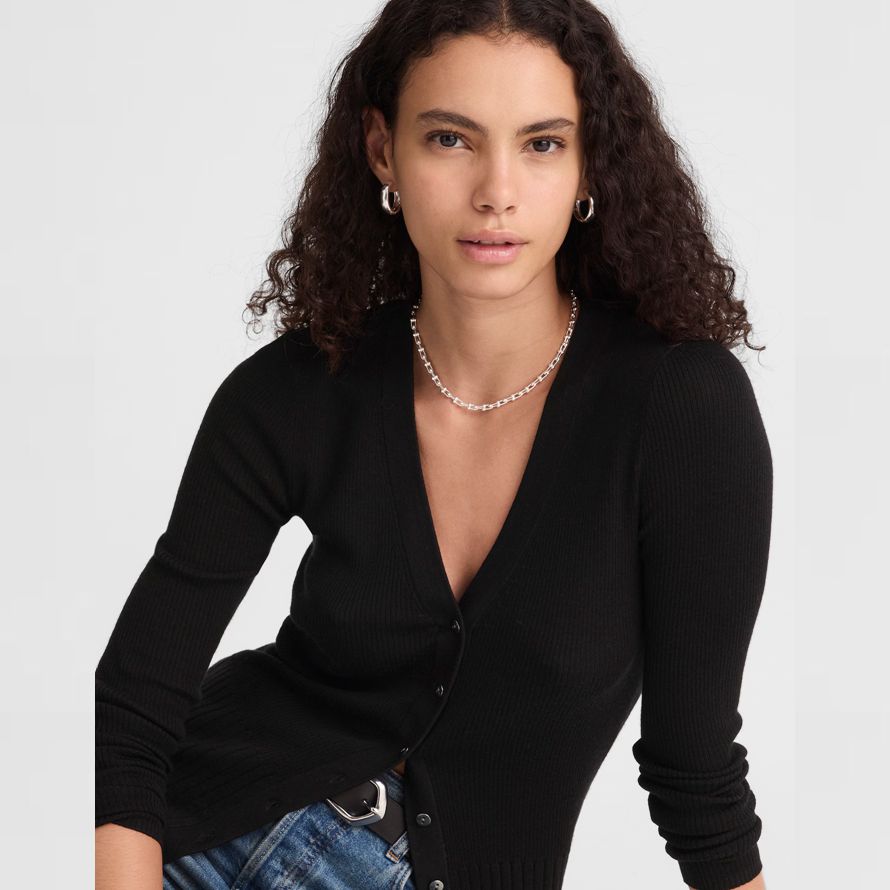damen madewell deep v-neck merino-silk blend cardigan schwarz