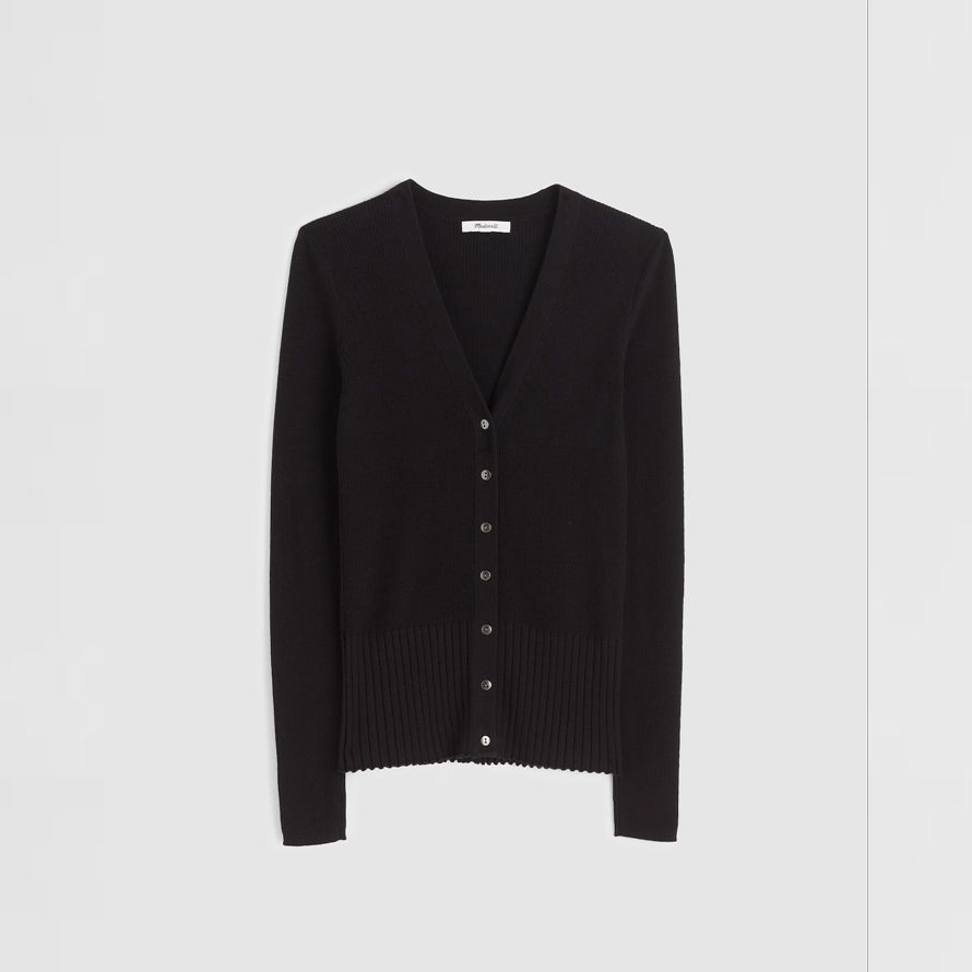 damen madewell deep v-neck merino-silk blend cardigan schwarz