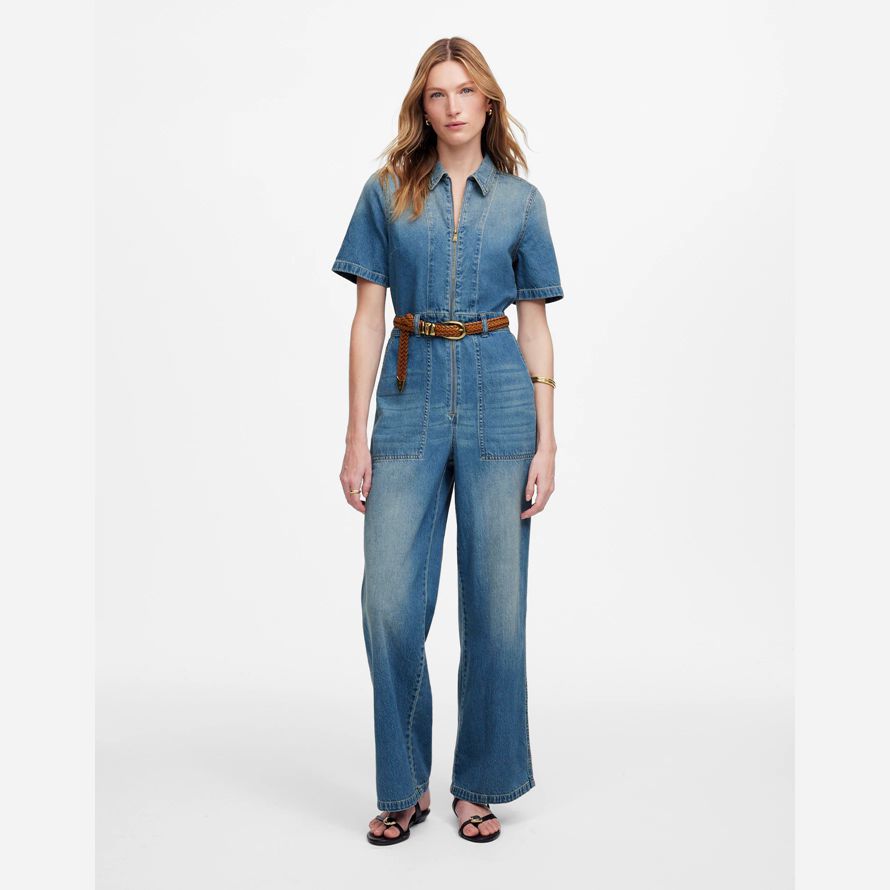 blau damen madewell zip front denim overalls