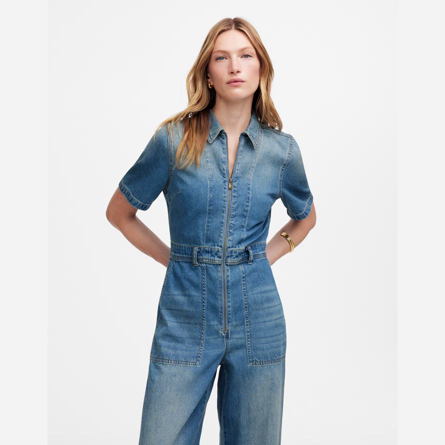 blau damen madewell zip front denim overalls