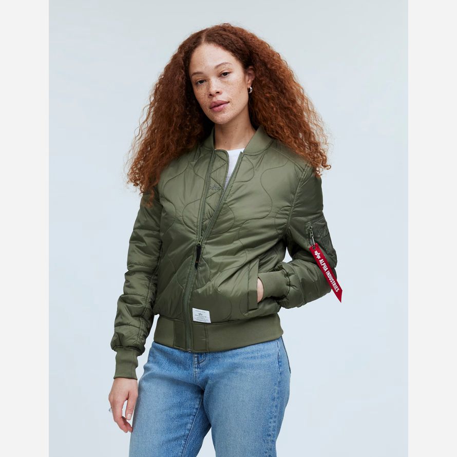 grüne damen madewell alpha industries l-2b quilted flight jacken