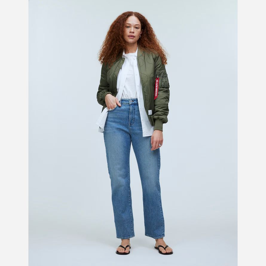 grüne damen madewell alpha industries l-2b quilted flight jacken