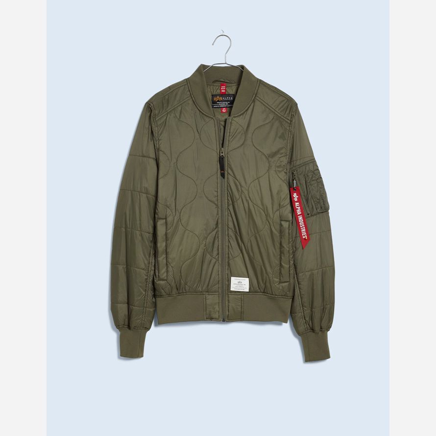 grüne damen madewell alpha industries l-2b quilted flight jacken