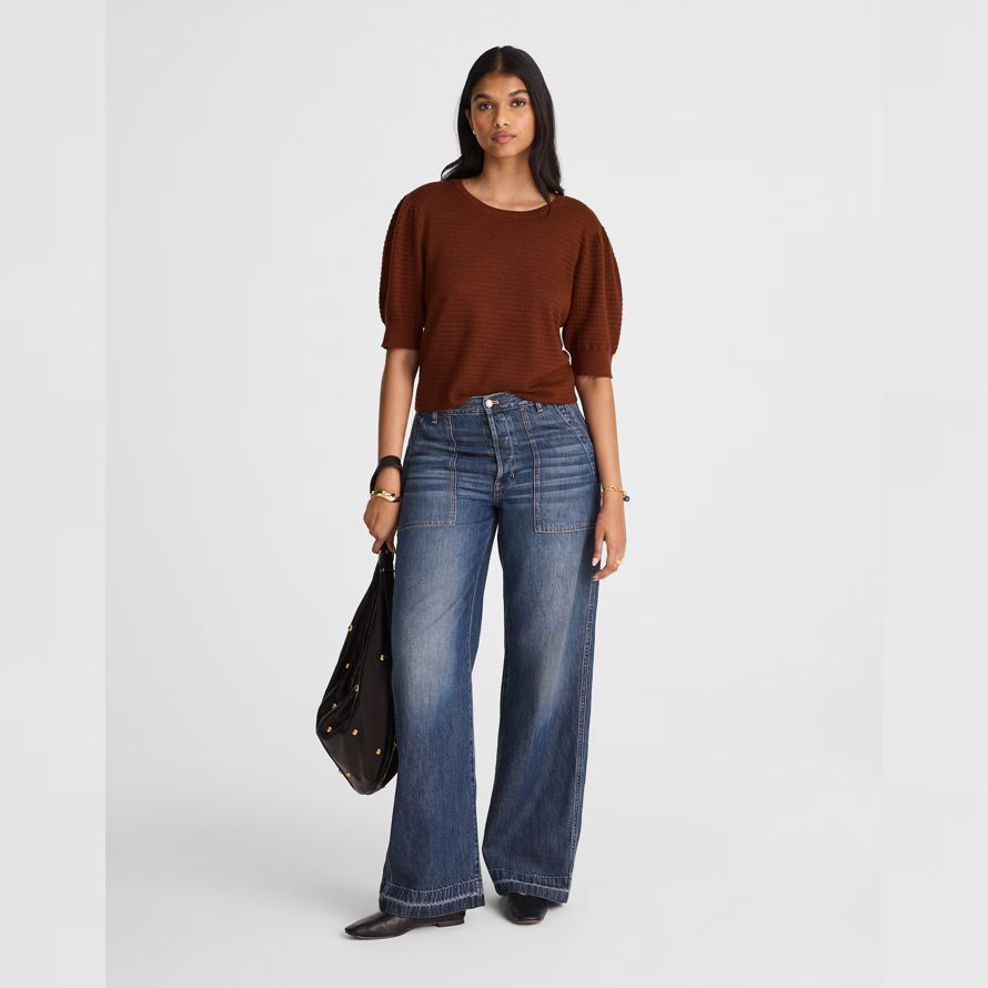damen madewell merinowolle-seide-mischung puff-sleeve sweater braun