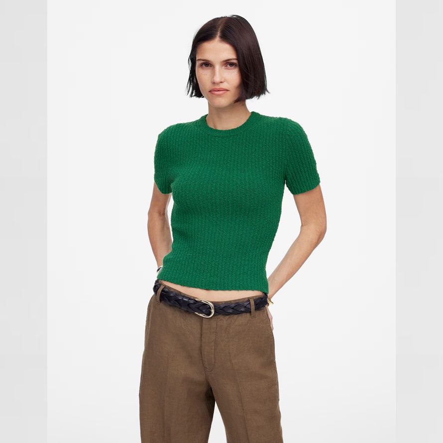 madewell grün bouclé-knit crewneck short-sleeve womens sweater