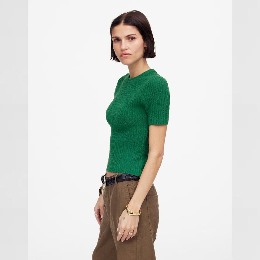 madewell grün bouclé-knit crewneck short-sleeve womens sweater